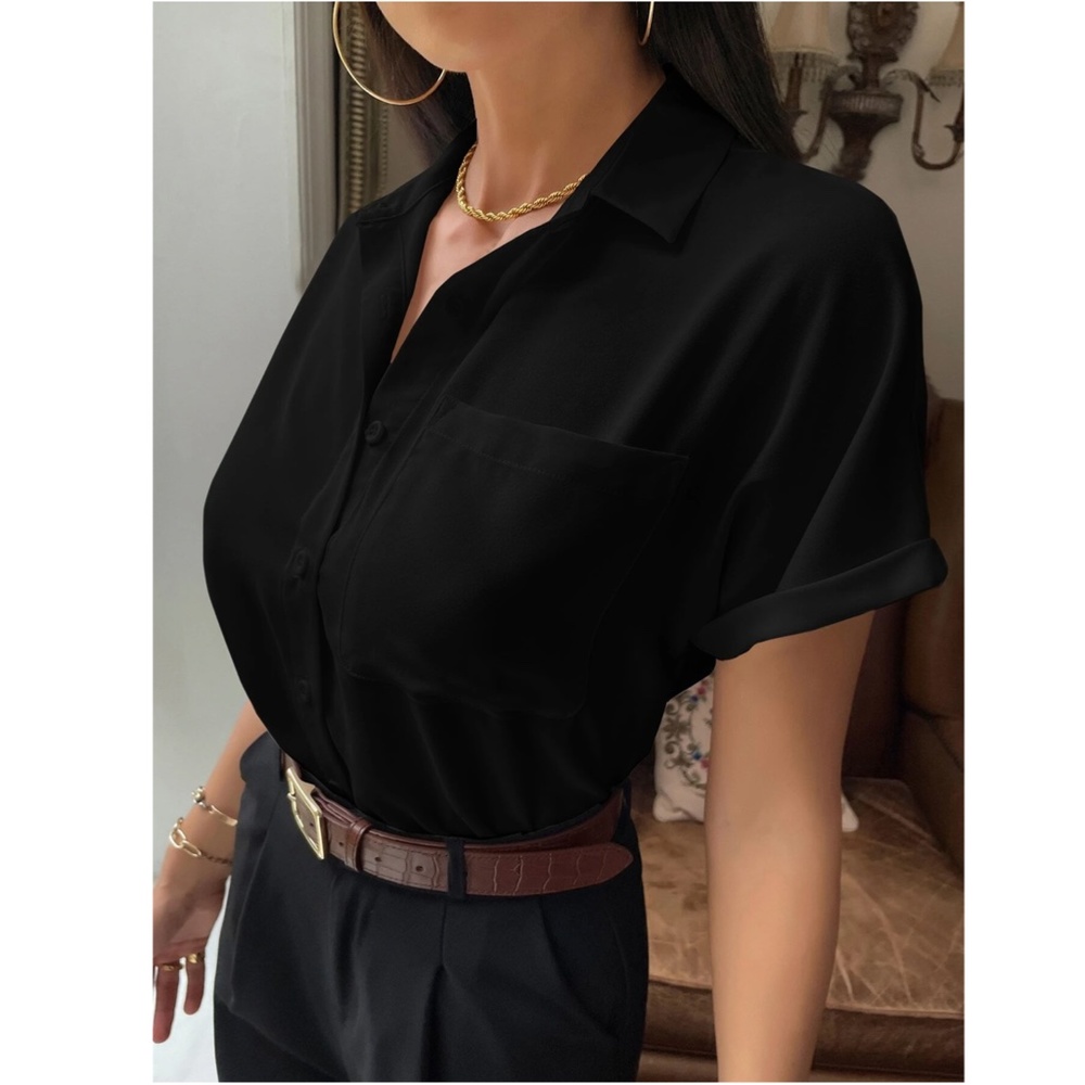 Black Casual Button Up / Down Shirt Collar, V-Neck Button Front Short Sleeve - Picture 3 of 13